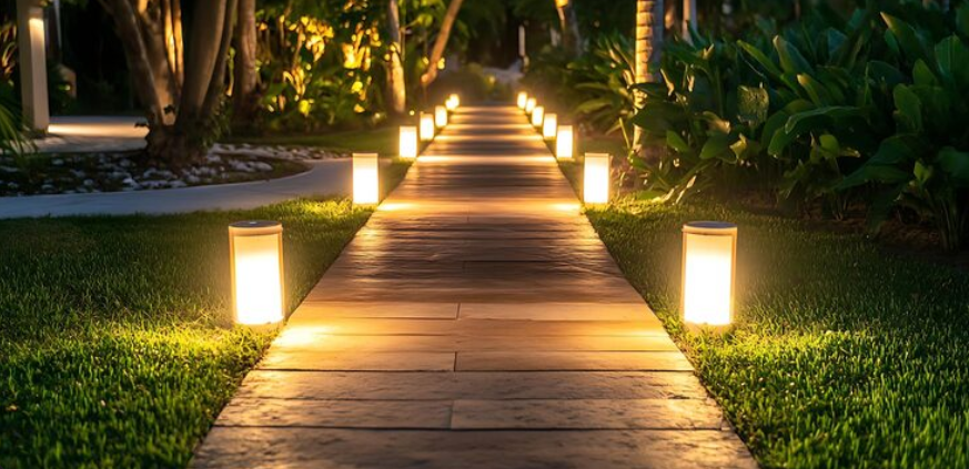 Caminho com luzes laterais