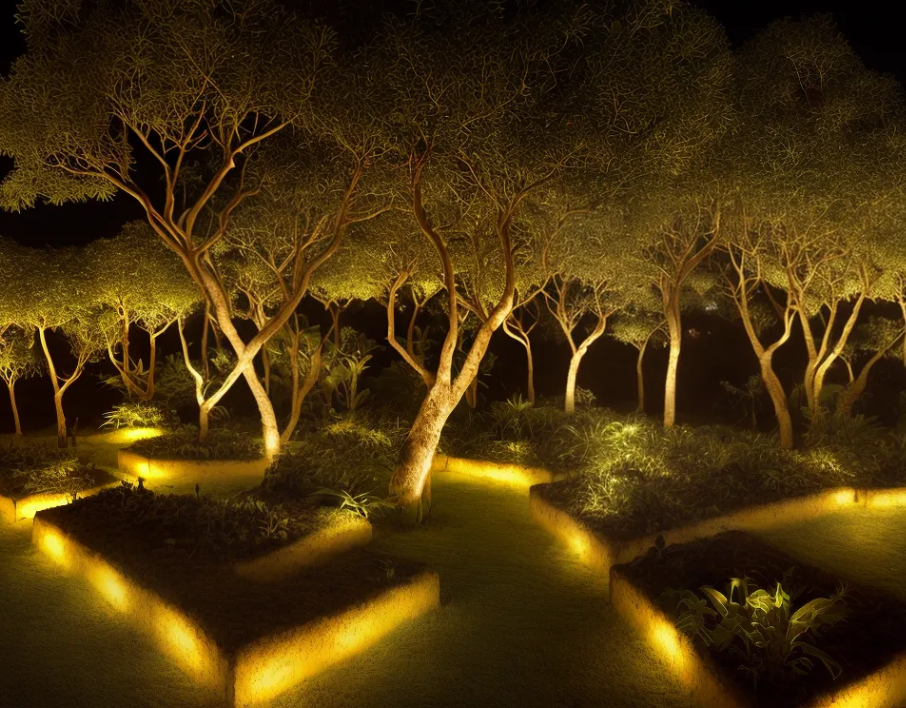 Iluminação vindo de baixo em árvores